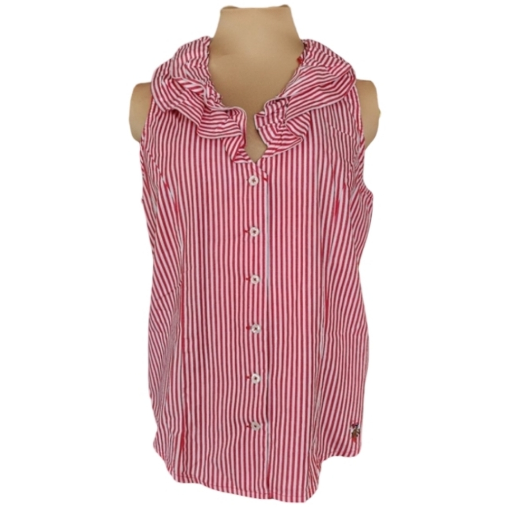 U.S. Polo Assn Flesh Pony Ruffled Neck Red Striped‎ Blouse Medium